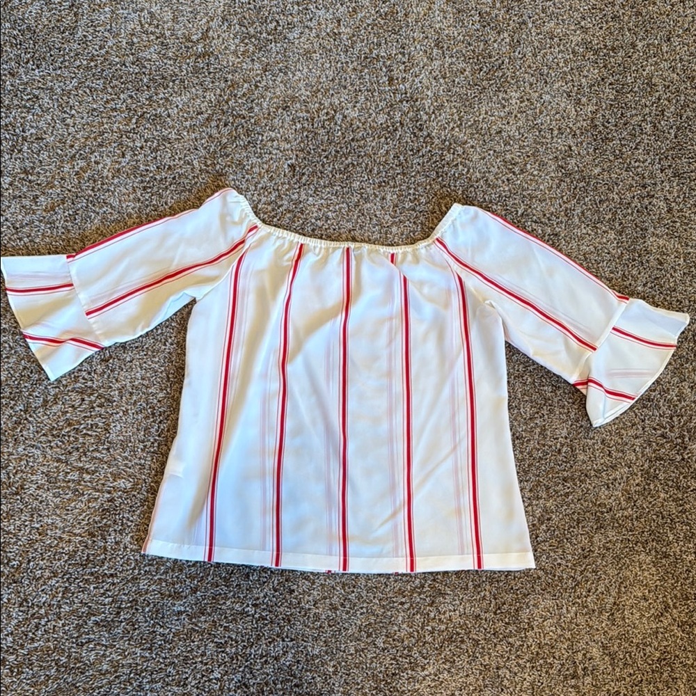 Banana Republic Women's Off-Shoulder White and Red Striped Top